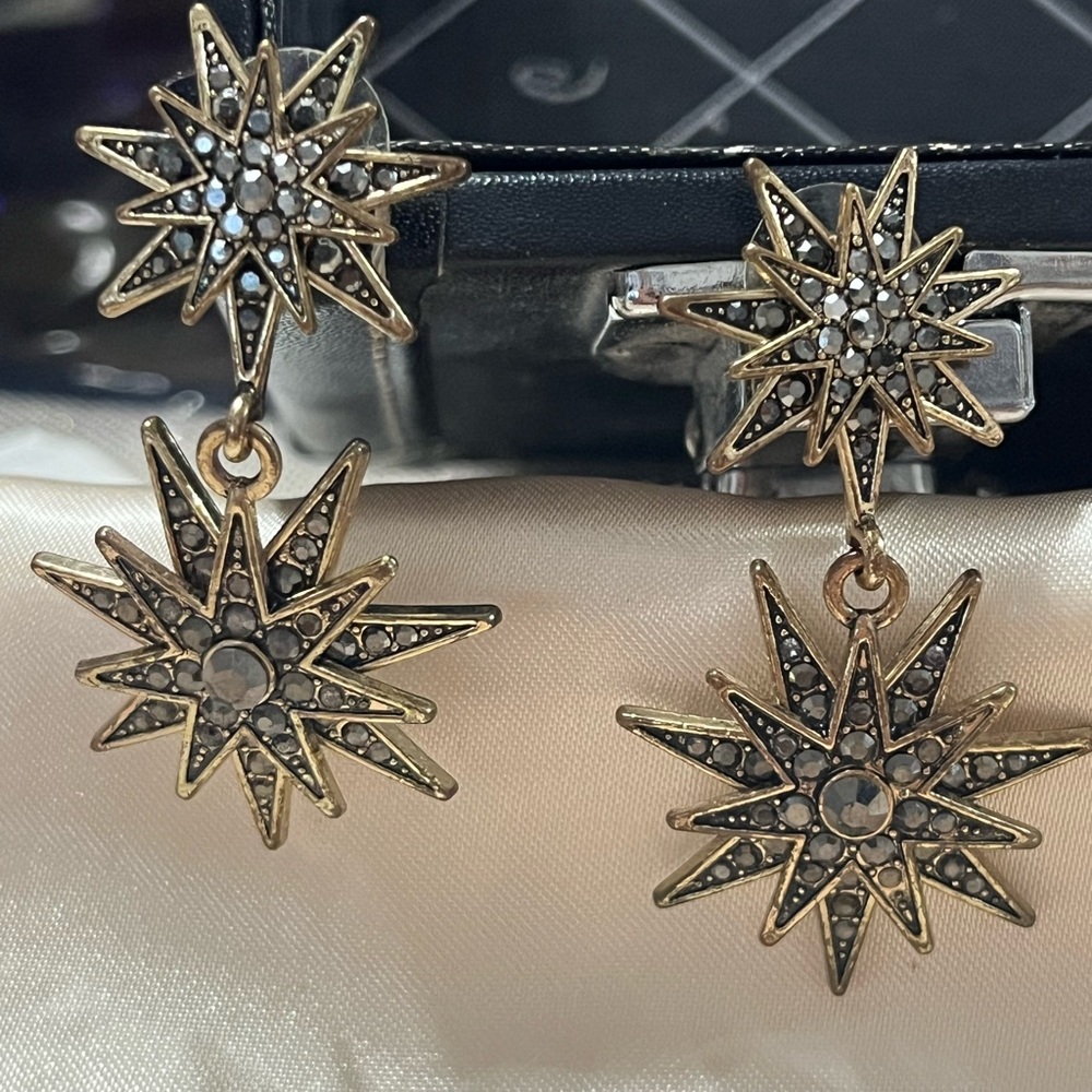 Lucky brand starburst jeweled dangly earrings
 Gold and Black Starburst Earrings